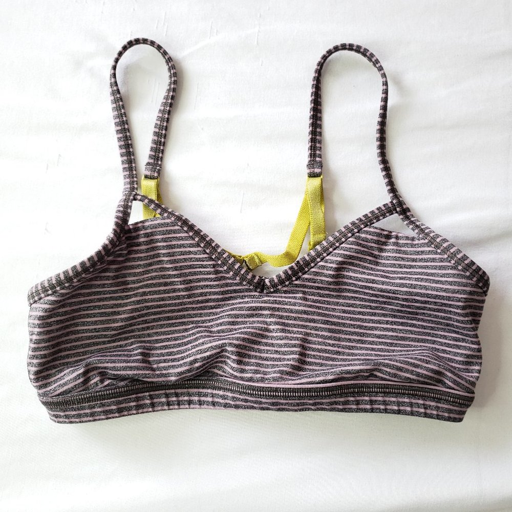Lululemon Striped Gray Purple Mauve with Green Straps Bra Size 4